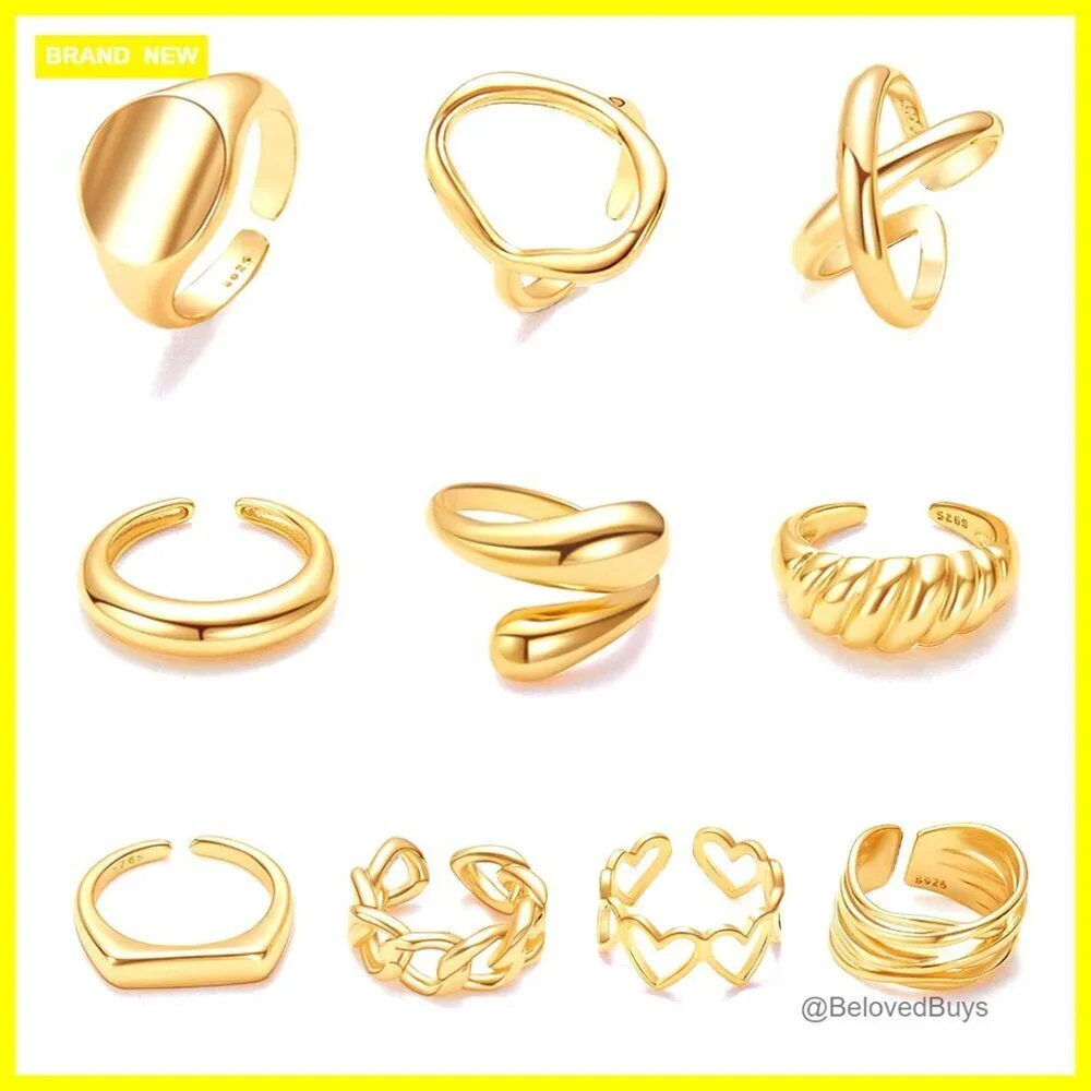 10-Piece Adjustable Chunky Dome Rings Set Gold Plated Size 6-9